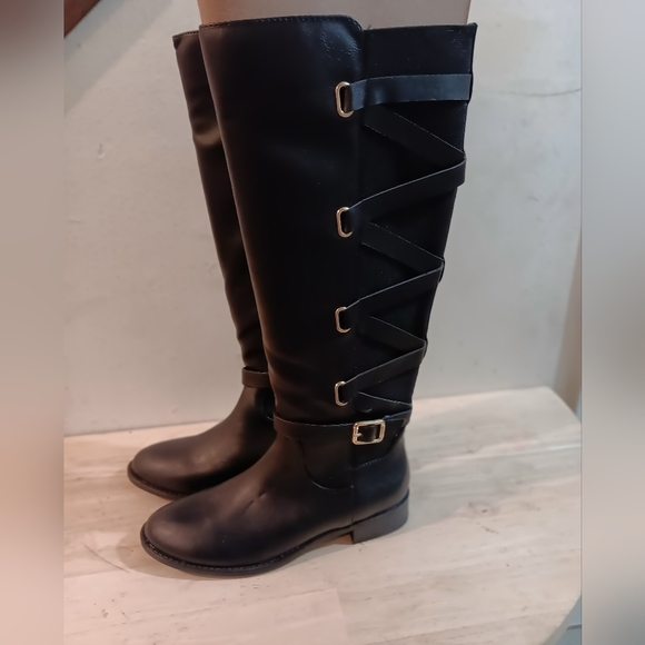 THALIA SODI Womens Black Criss-Cross Straps At Back Buckle Accent Stretch Round - Picture 2 of 9